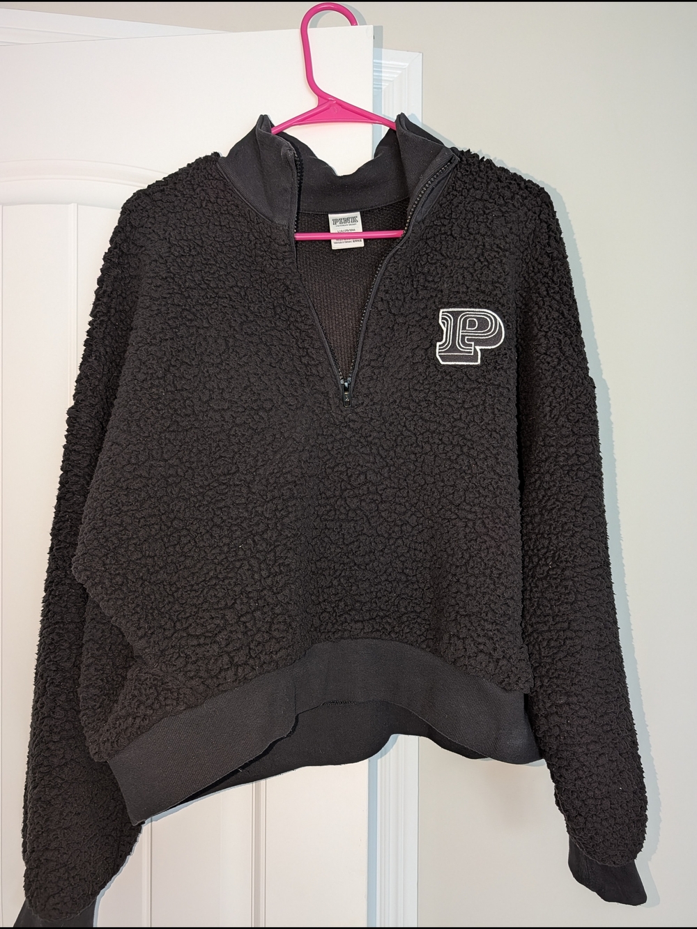 PINK Black Sherpa Quarter-Zip Pullover with 'P' Patch